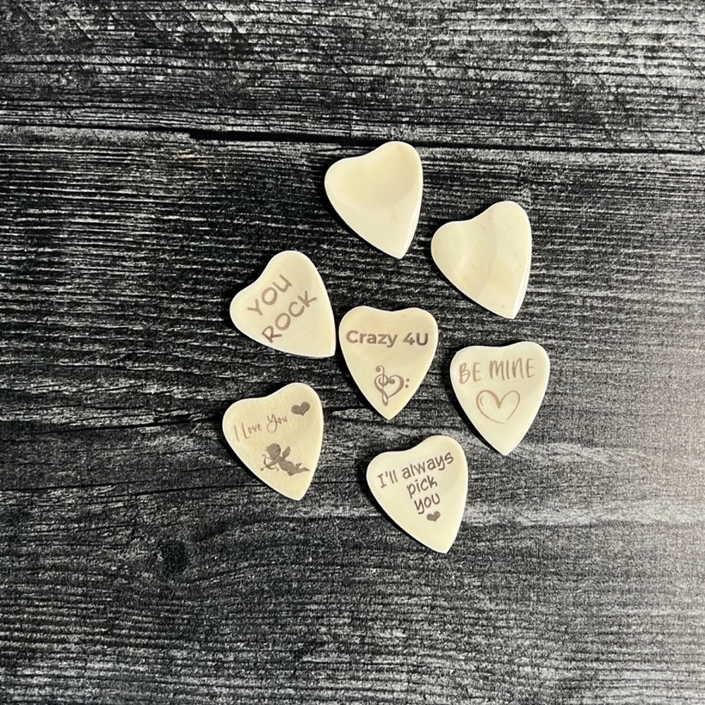 Custom Engraved Heart-Shaped Bone Guitar Pick with Keychain or Wood Box