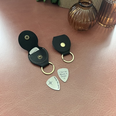 Metal Guitar Pick Keychain with Leather Pouch – Choose Your Style