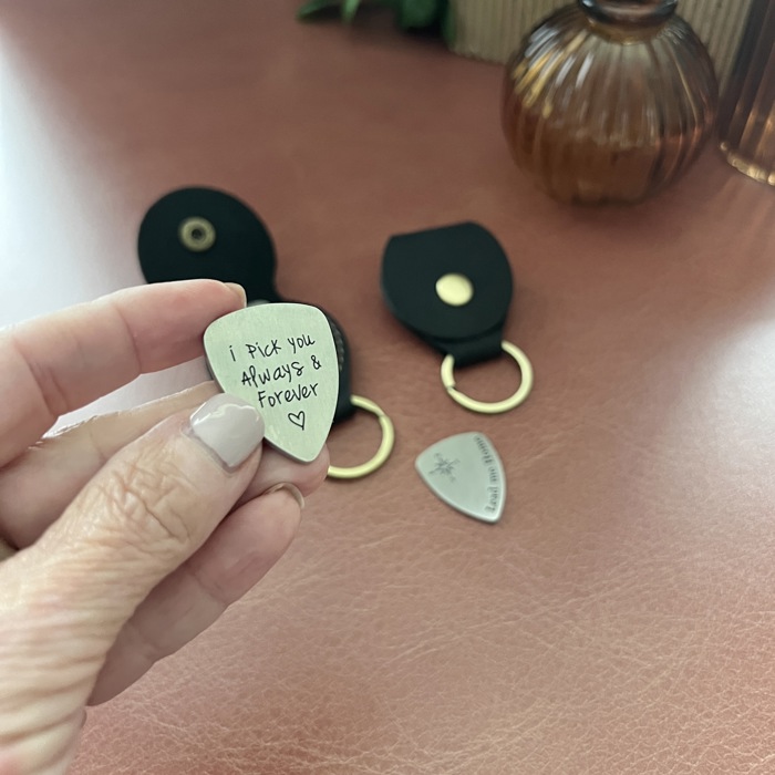 Metal Guitar Pick Keychain with Leather Pouch – Choose Your Style