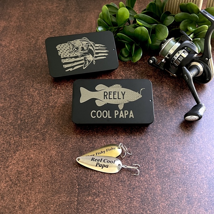 Personalized Fishing Lure Gift Set with Bass Flag Engraved Tin; Custom Christmas Gift Idea