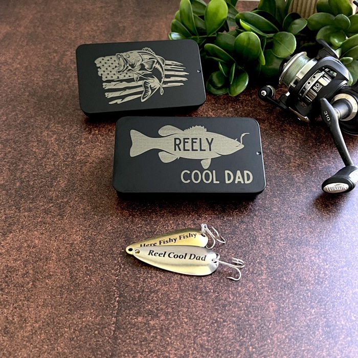 Personalized Fishing Lure Gift Set with Bass Flag Engraved Tin; Custom Christmas Gift Idea
