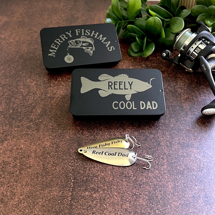 Personalized Fishing Lure Gift Set with Bass Flag Engraved Tin; Custom Christmas Gift Idea