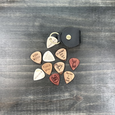 Custom Guitar Pick Set; Bone Pick on a Leather Keychain Pouch with Additional Custom Pick in Pouch