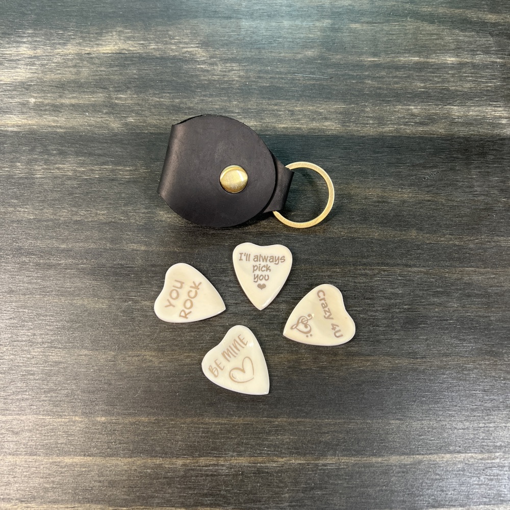 Custom Engraved Heart-Shaped Bone Guitar Pick with Keychain or Wood Box