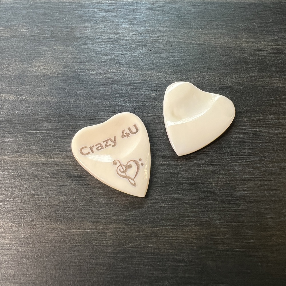 Custom Engraved Heart-Shaped Bone Guitar Pick with Keychain or Wood Box