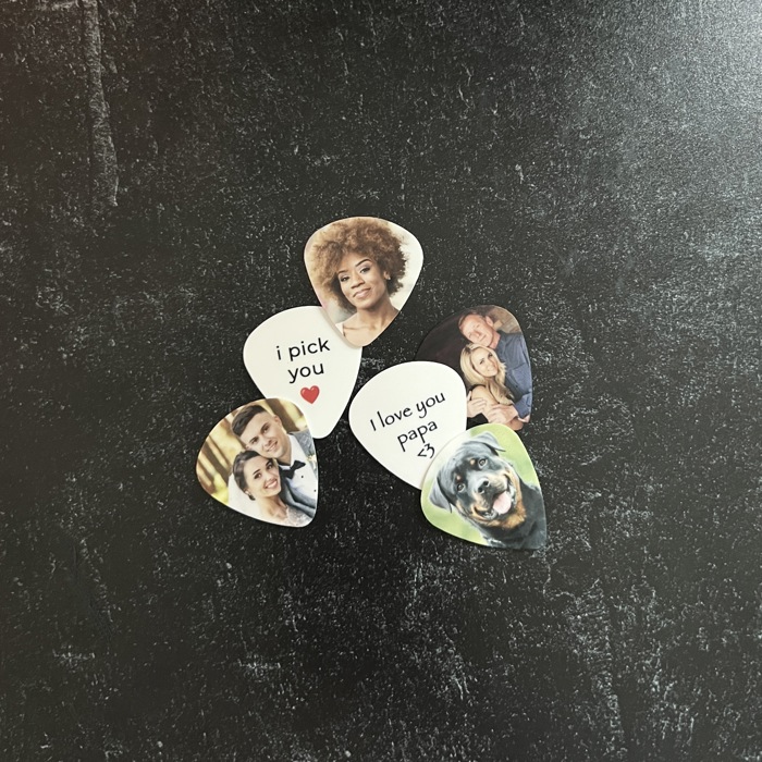 Two Personalized Photo and Text Guitar Picks in a  Magnetic Wood Box | Custom Keepsake Gift for Music Lovers