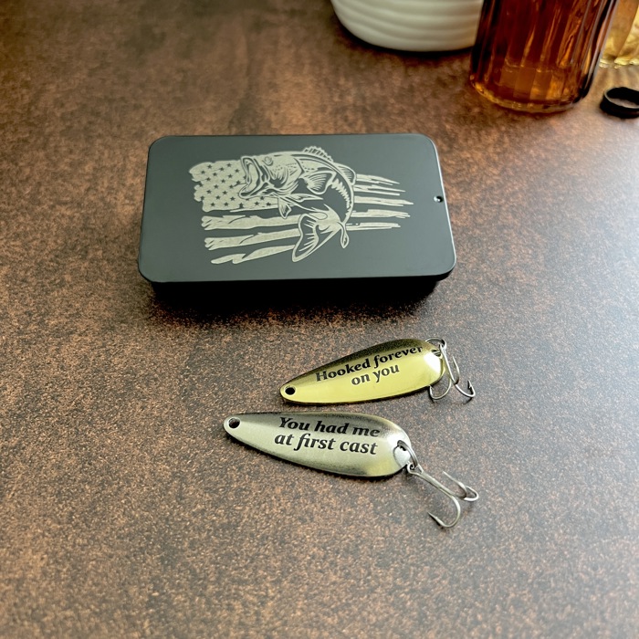 Personalized Fishing Lure Gift Set with Bass Flag Engraved Tin; Custom Christmas Gift Idea