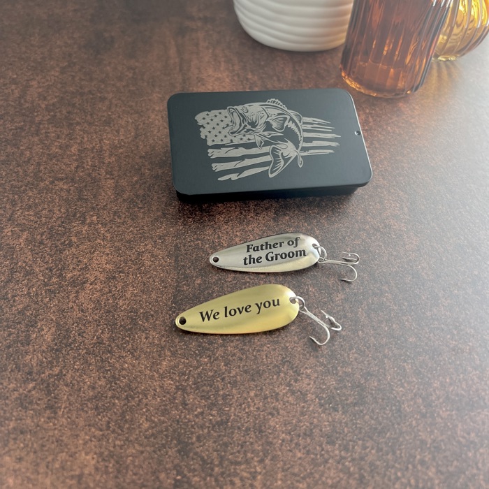 Personalized Fishing Lure Gift Set with Bass Flag Engraved Tin; Custom Christmas Gift Idea