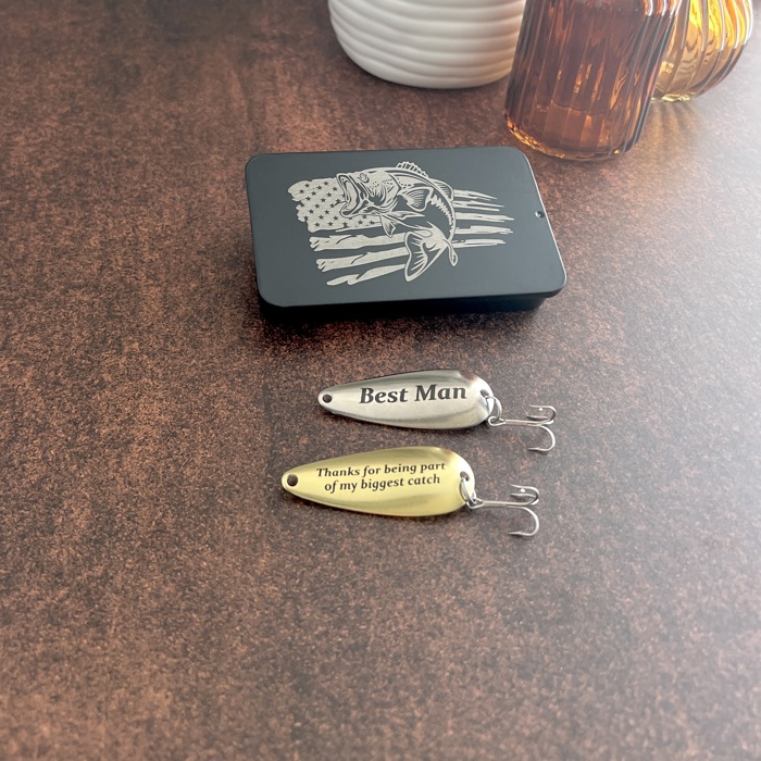 Personalized Fishing Lure Gift Set with Bass Flag Engraved Tin; Custom Christmas Gift Idea