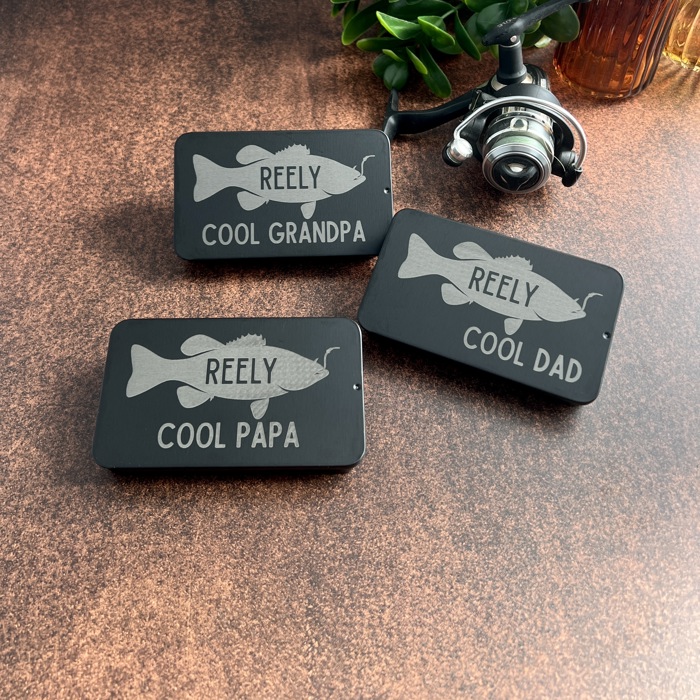 Personalized Fishing Lure Gift Set with Bass Flag Engraved Tin; Custom Christmas Gift Idea