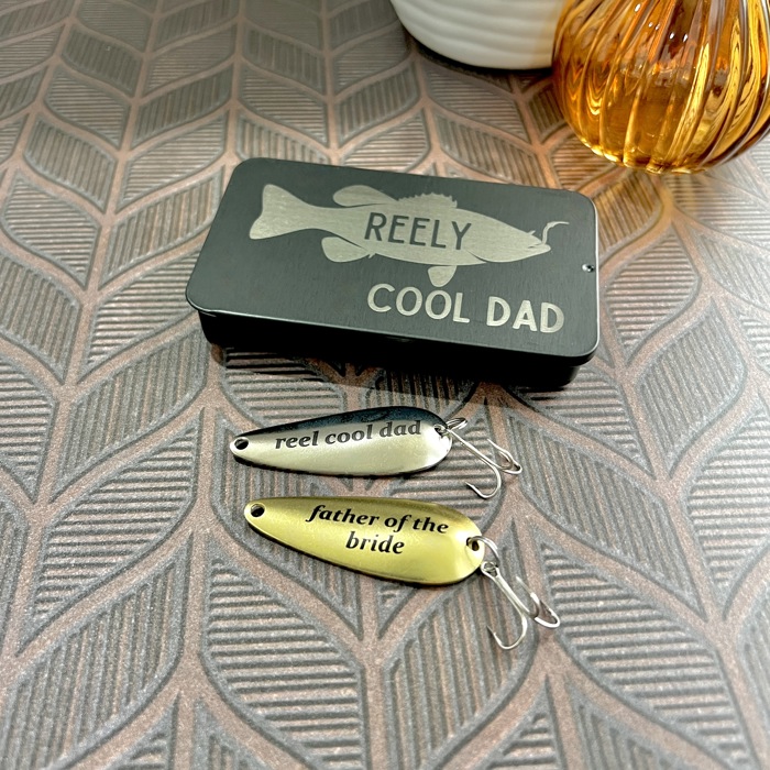 Personalized Fishing Lure Gift Set with Bass Flag Engraved Tin; Custom Christmas Gift Idea