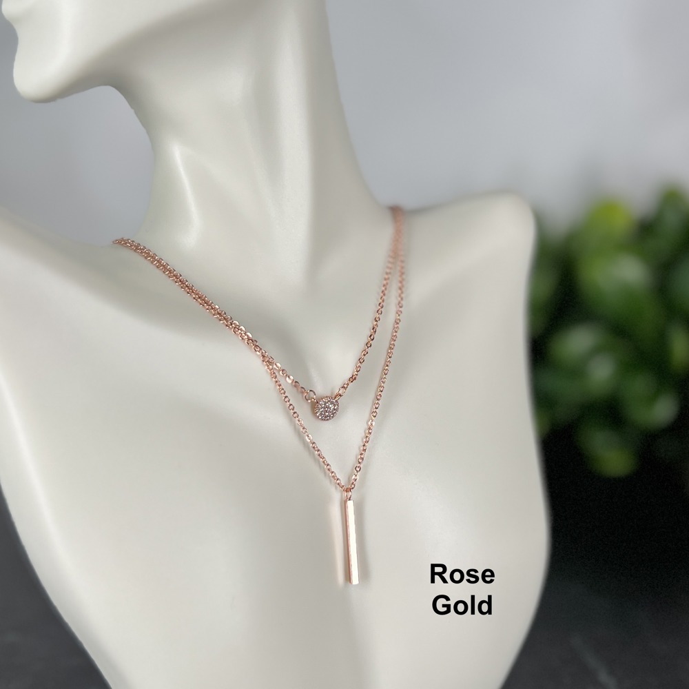 Minimalist Double Layer Bar & Sparkle Necklace - Silver or Rose Gold Colors