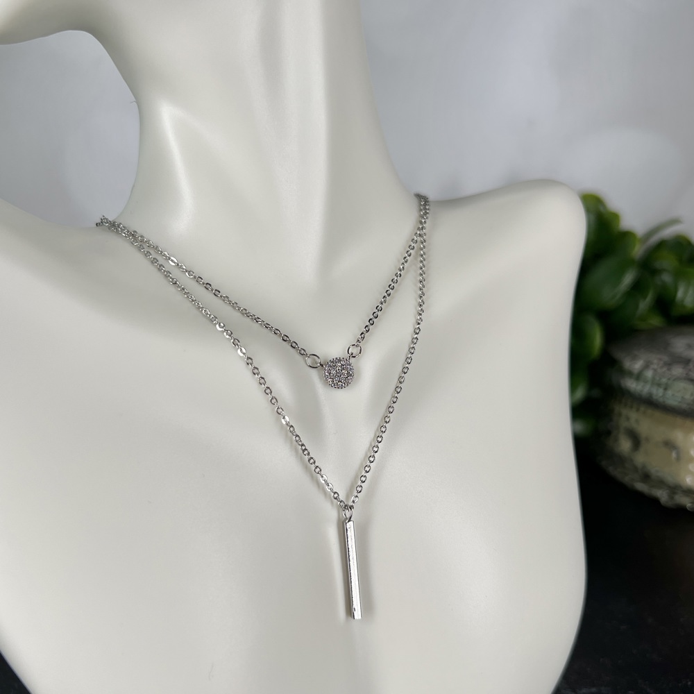 Minimalist Double Layer Bar & Sparkle Necklace - Silver or Rose Gold Colors