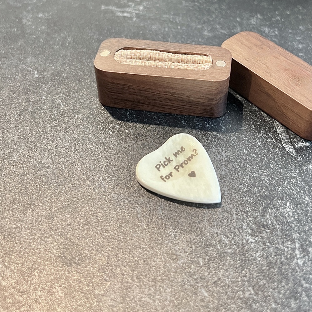 Custom Engraved Heart-Shaped Bone Guitar Pick with Keychain or Wood Box