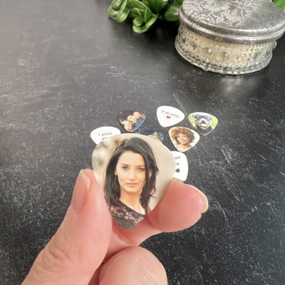 Two Personalized Photo Guitar Picks with Text on Back | Custom Keepsake Gift for Music Lovers