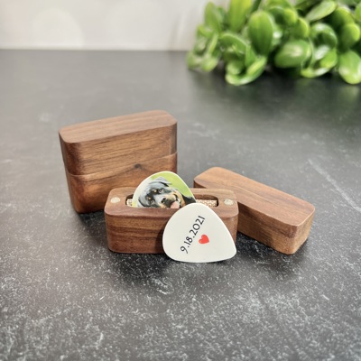 Two Personalized Photo and Text Guitar Picks in a  Magnetic Wood Box | Custom Keepsake Gift for Music Lovers