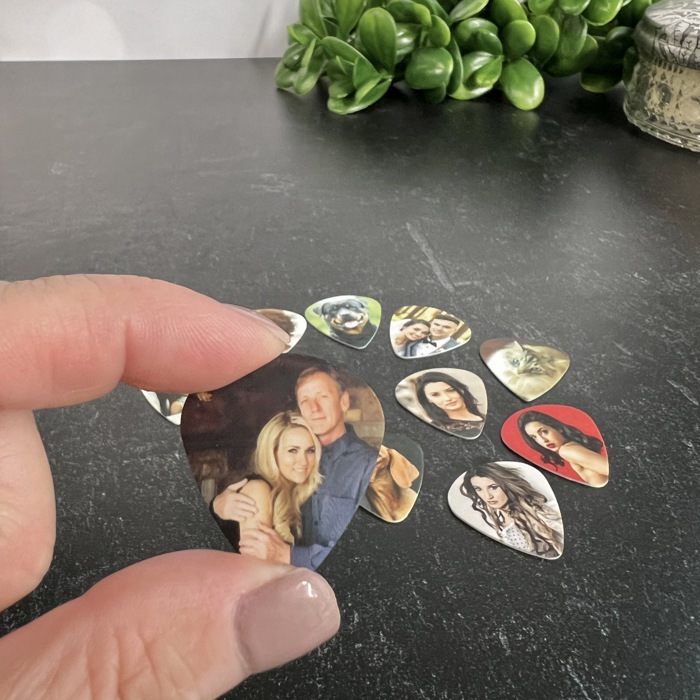 Two Personalized Photo Guitar Picks with Text on Back | Custom Keepsake Gift for Music Lovers