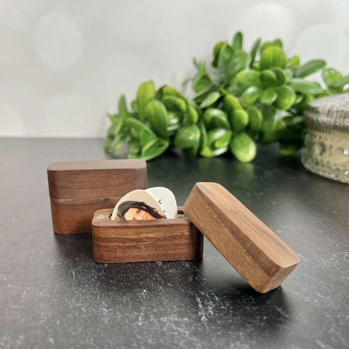 Two Personalized Photo and Text Guitar Picks in a  Magnetic Wood Box | Custom Keepsake Gift for Music Lovers