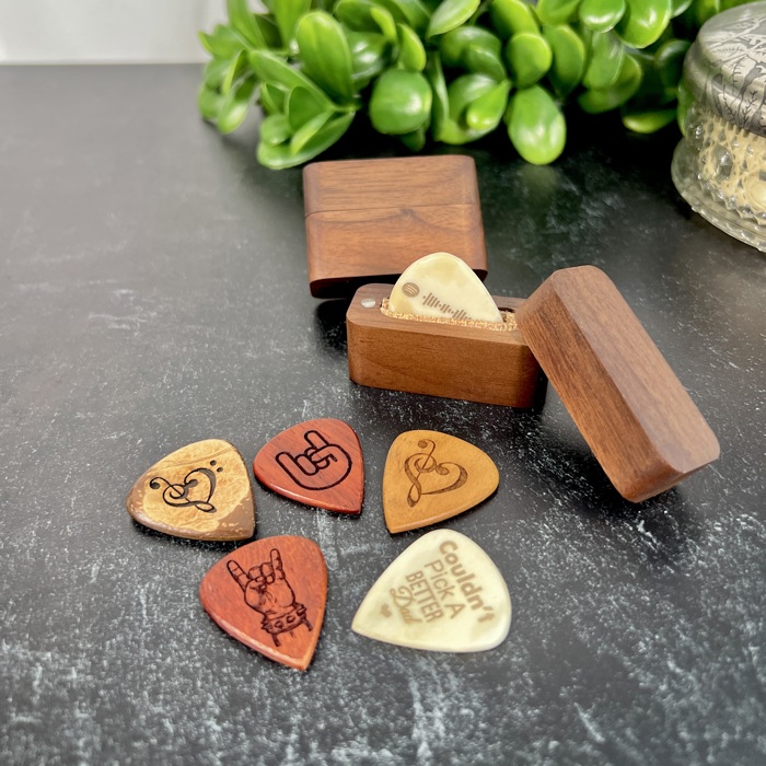 Custom Engraved Guitar Pick with Wooden Magnetic Box