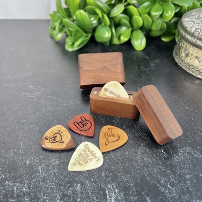 Custom Engraved Guitar Pick with Wooden Magnetic Box