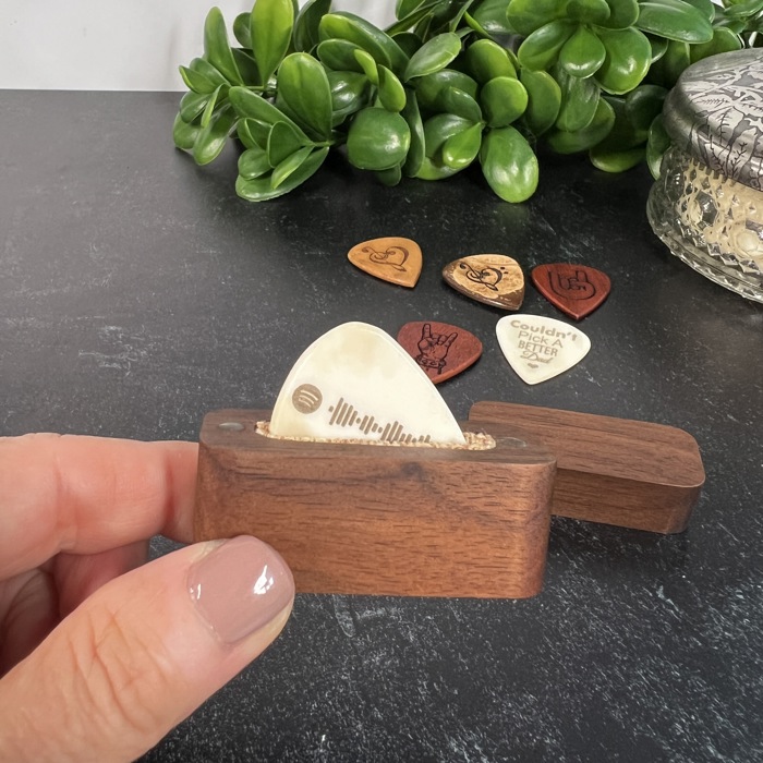 Custom Engraved Guitar Pick with Wooden Magnetic Box