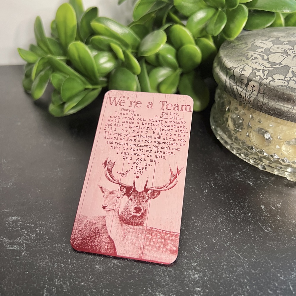 "We're a Team" Engraved Metal Wallet Insert (Buck and Doe), 4 Color Options