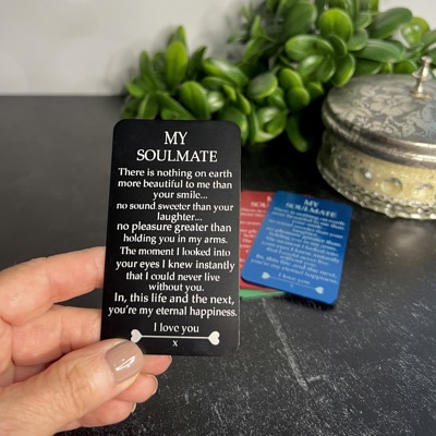 "My Soulmate" Engraved Metal Wallet Insert, 4 Color Options 