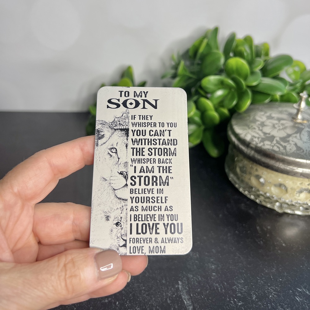 "To My Son, Lion Design" Engraved Metal Wallet Insert, 2 Color Options