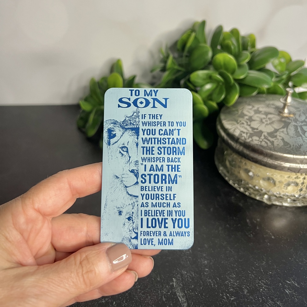 "To My Son, Lion Design" Engraved Metal Wallet Insert, 2 Color Options