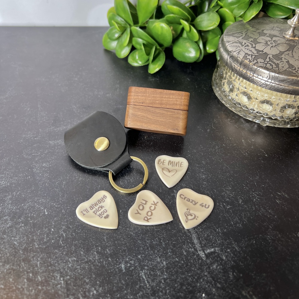 Custom Engraved Heart-Shaped Bone Guitar Pick with Keychain or Wood Box