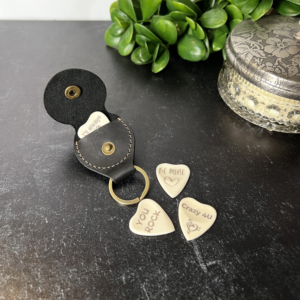 Custom Engraved Heart-Shaped Bone Guitar Pick with Keychain or Wood Box