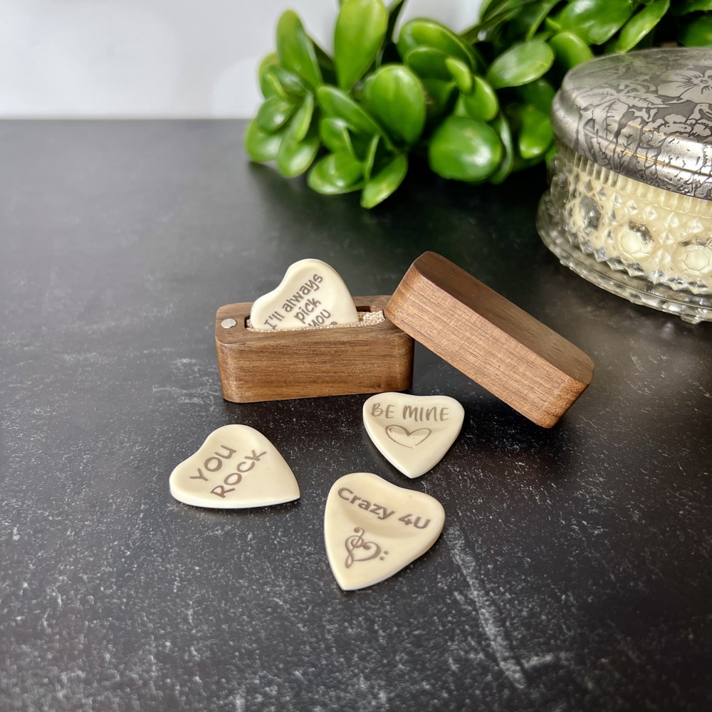 Custom Engraved Heart-Shaped Bone Guitar Pick with Keychain or Wood Box