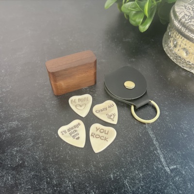 Custom Heart-Shaped Bone Guitar Pick Gift Set with Keychain or Wood Box