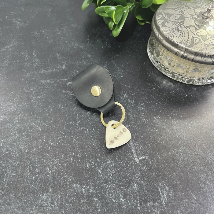 Custom Guitar Pick Set; Bone Pick on a Leather Keychain Pouch with Additional Custom Pick in Pouch