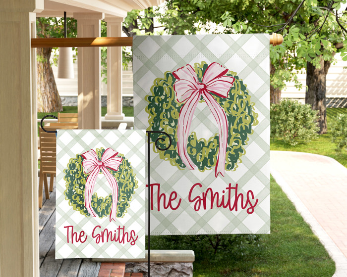 Personalized Garden Flag - Pink Bow Wreath