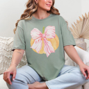  Sage Green Pumpkin Tee with Pink Striped Bow – Cozy Fall Graphic Shirt