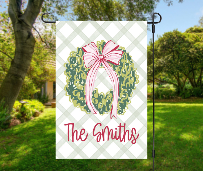 Personalized Garden Flag - Pink Bow Wreath