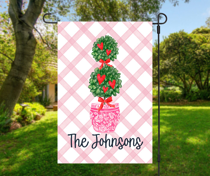 Personalized Garden Flag - Pink Chinoiserie Topiary