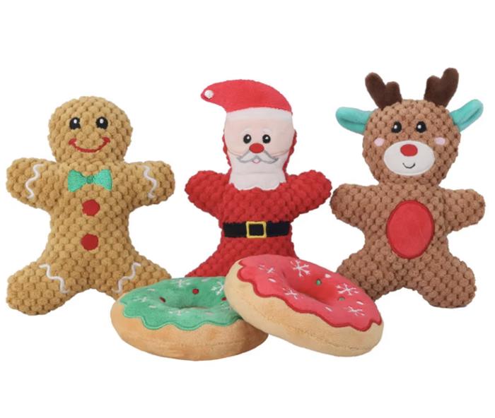 Christmas Pet Toys - Reindeer, Santa, Gingerbread Man, and Donut Plush Squeaky Dog Toy