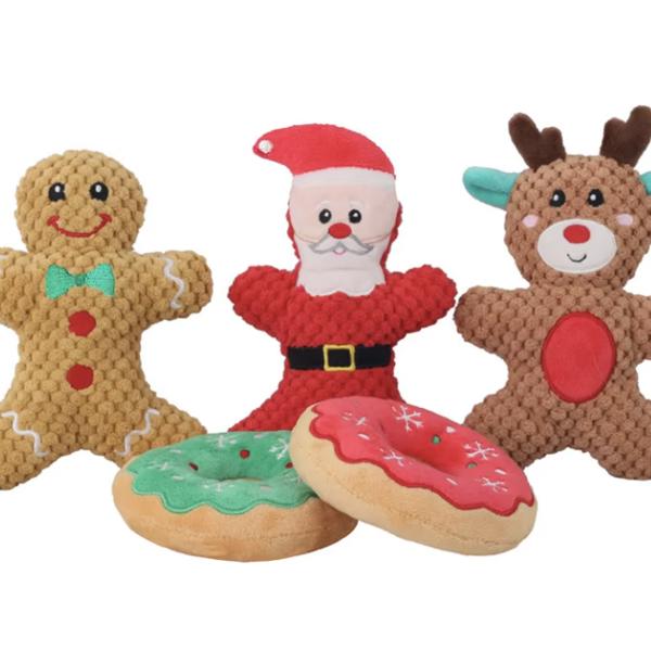 Christmas Pet Toys - Reindeer, Santa, Gingerbread Man, and Donut Plush Squeaky Dog Toy