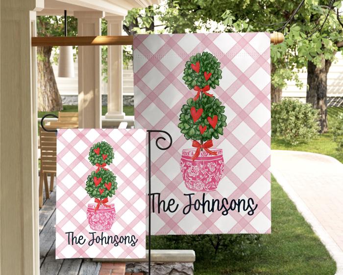 Personalized Garden Flag - Pink Chinoiserie Topiary