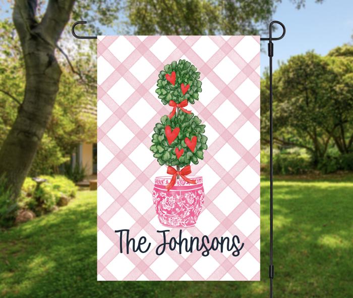 Personalized Garden Flag - Pink Chinoiserie Topiary