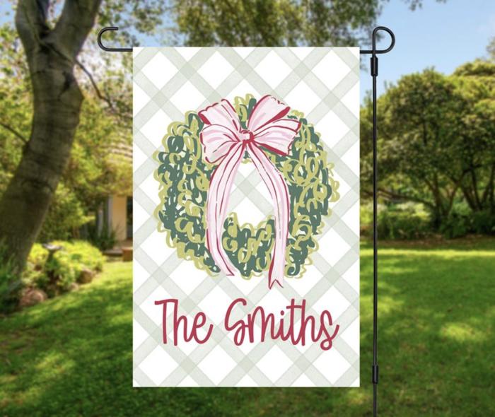 Personalized Garden Flag - Pink Bow Wreath