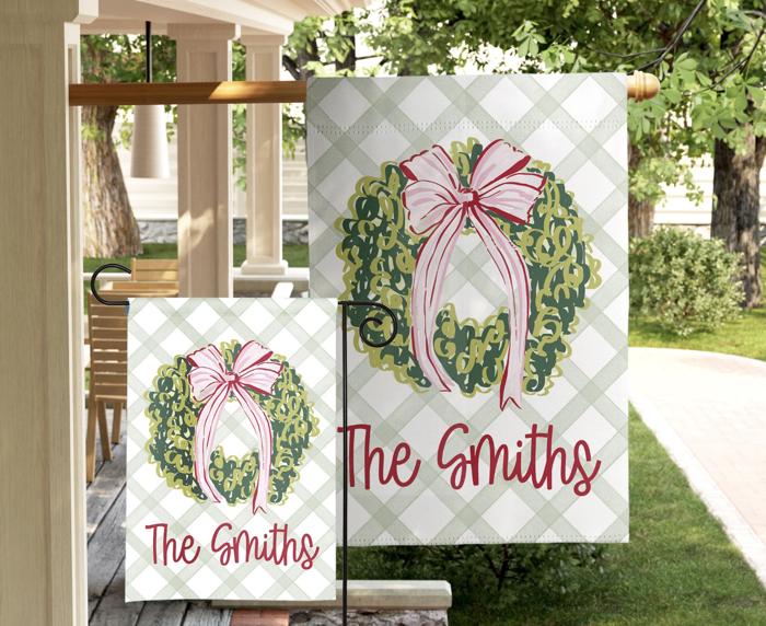 Personalized Garden Flag - Pink Bow Wreath