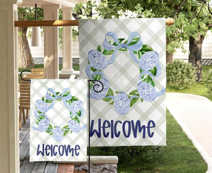 Personalized Garden Flag - Blue Bow Wreath