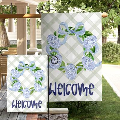 Personalized Garden Flag - Blue Bow Wreath