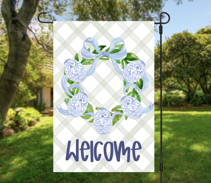 Personalized Garden Flag - Blue Bow Wreath