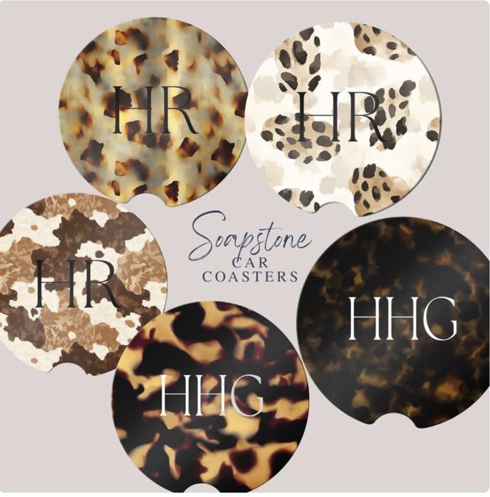 🐆 Personalized Animal Print Sandstone Car Coasters – Set of 2