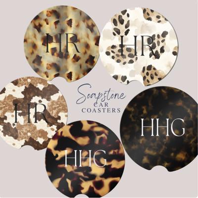 🐆 Personalized Animal Print Sandstone Car Coasters – Set of 2