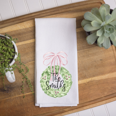 Personalized Christmas Kitchen Towel – Coquette Wreath